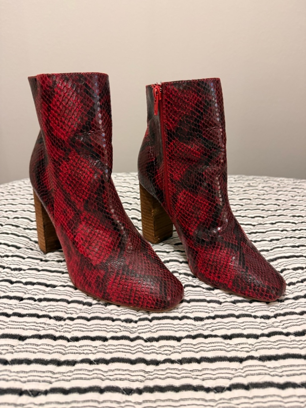 Women's Red Snake-Print Block Heel Ankle Boots size 7.5 with 4 inch heel